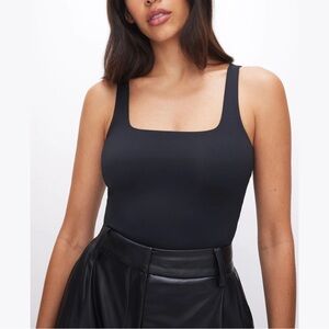Good American Black Nylon Sculpting Modern Tank Bodysuit Top 2 Square Neck Y2K